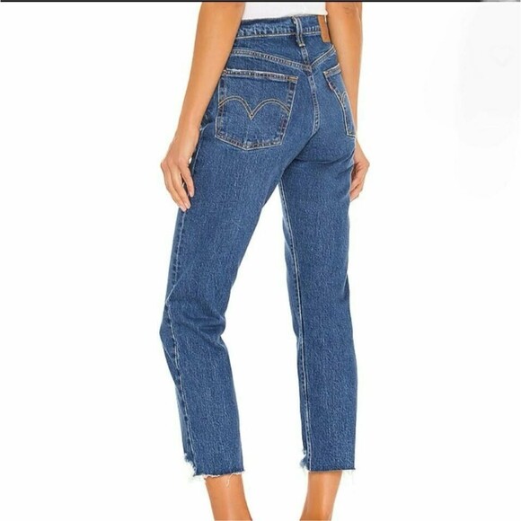 Levi's Premium 501 Cropped Straight Jeans Charleston Fun Blue Denim Raw Hem s 31 - Picture 2 of 15